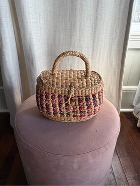 Woven Straw Top-Handle Bag with Pink Accent